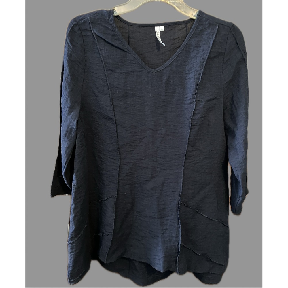 LULU-B Navy Blue Tunic Top CRINKLE GAUZE Exposed Seams HIGH-LOW BREEZY V-Neck S